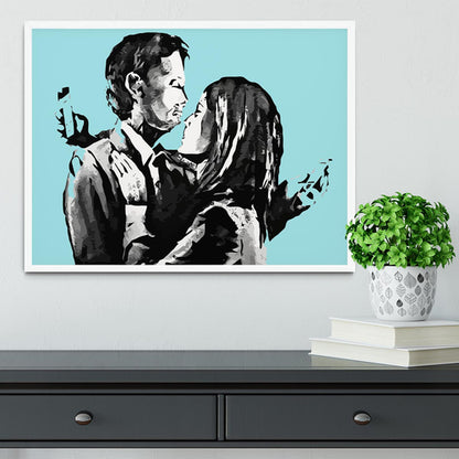 Banksy Mobile Lovers Light Blue Framed Print