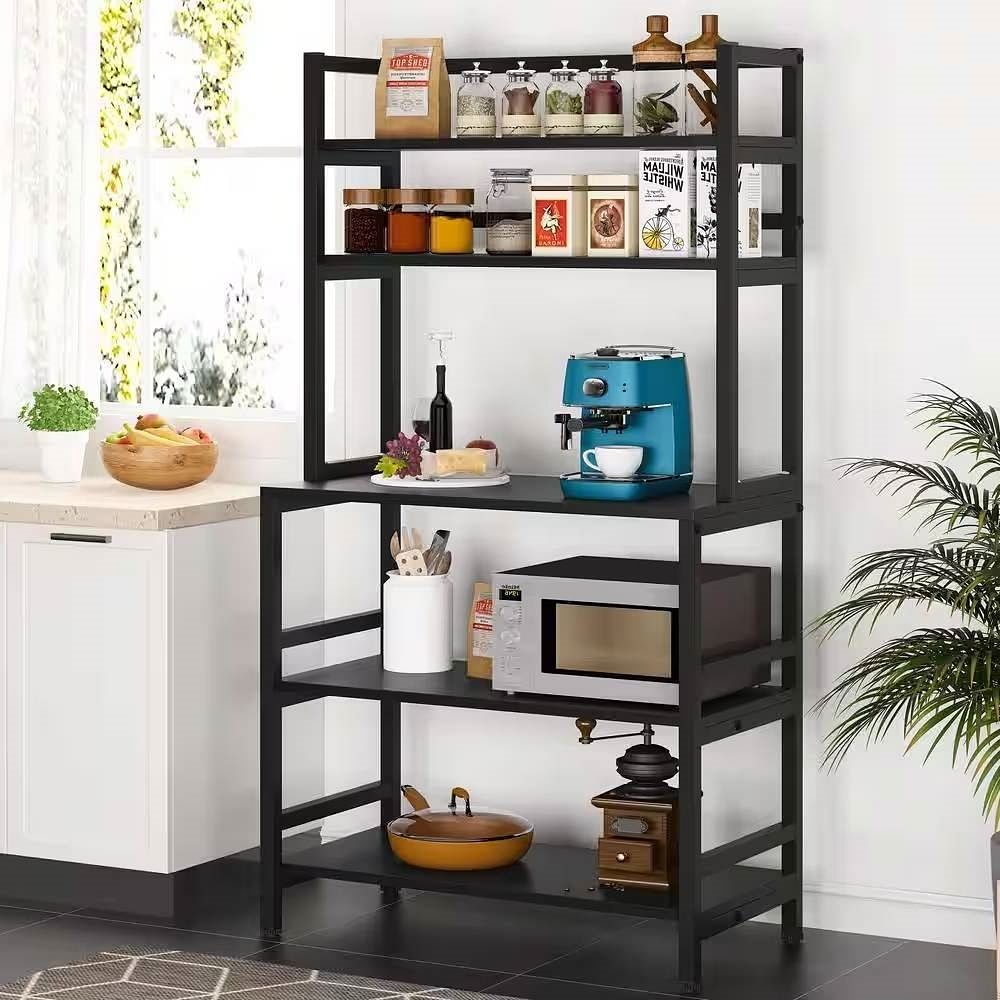 Black Metal Wood Freestanding Kitchen Shelf Bakers Rack Microwave