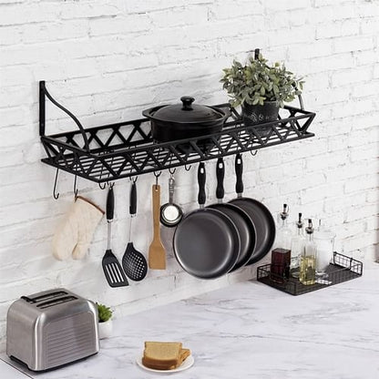 Black Metal Rectangular Wall Mounted Kitchen Pot Rack with 12 Hanging