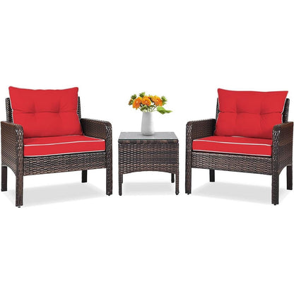 3-Piece Brown PE Rattan Outdoor Dining Patio Furniture Set with Red
