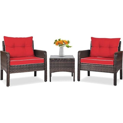 3-Piece Brown PE Rattan Outdoor Dining Patio Furniture Set with Red