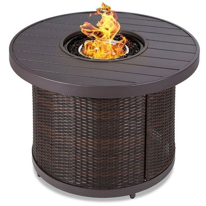 50,000 BTU Brown Wicker Round LP Gas Propane Fire Pit w/ Faux Wood