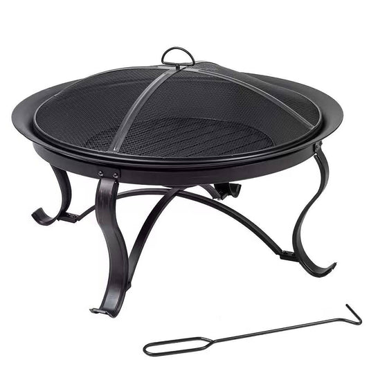 30-inch Round Steel Outdoor Fire Pit with Mesh Cover and Poker in