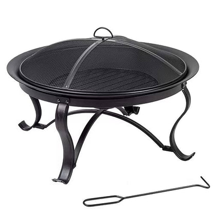 30-inch Round Steel Outdoor Fire Pit with Mesh Cover and Poker in
