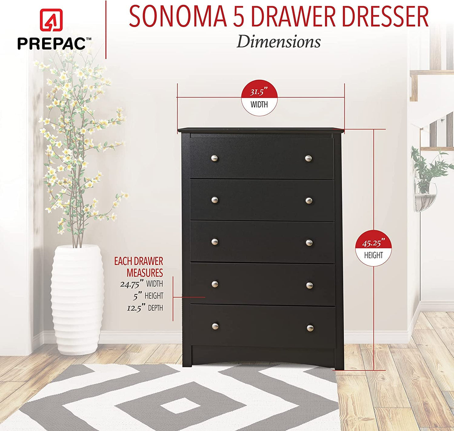 Sonoma Modern 5 Drawer Black Dresser Chest For Bedroom