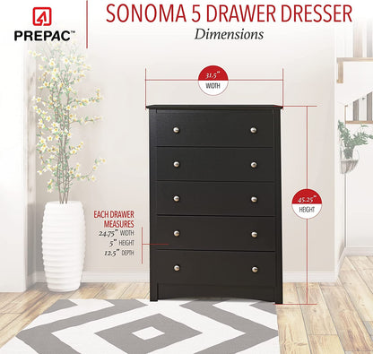 Sonoma Modern 5 Drawer Black Dresser Chest For Bedroom