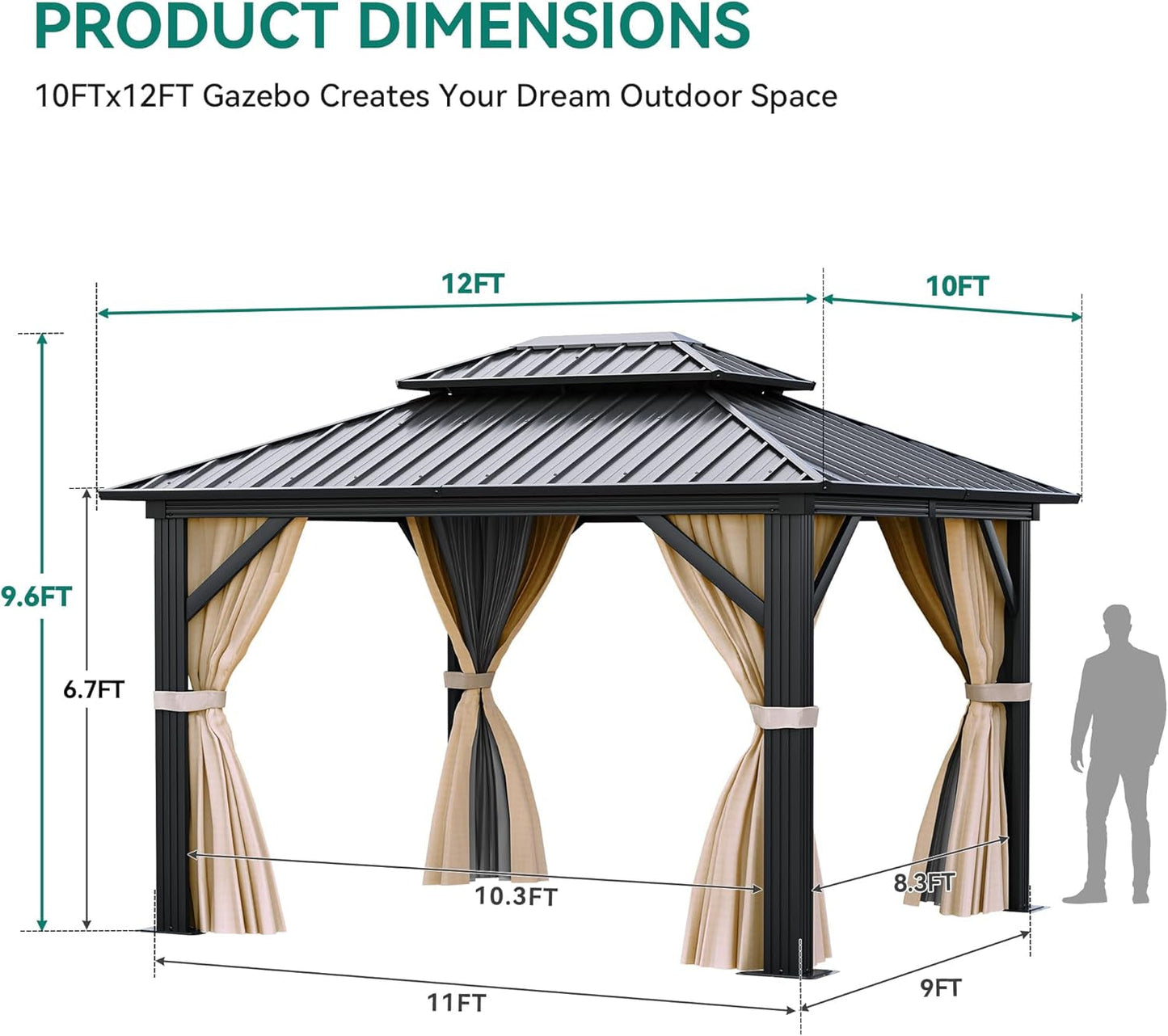 10x12 Ft Brown Steel Hardtop Gazebo With Netting And Curtains For