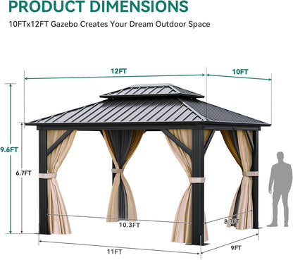 10x12 Ft Brown Steel Hardtop Gazebo With Netting And Curtains For