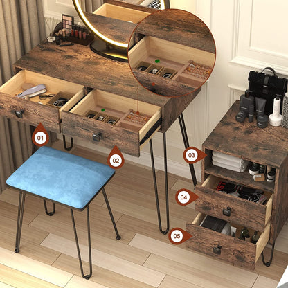 Vanity Desk Set With Drawers And LED Lighted Mirror