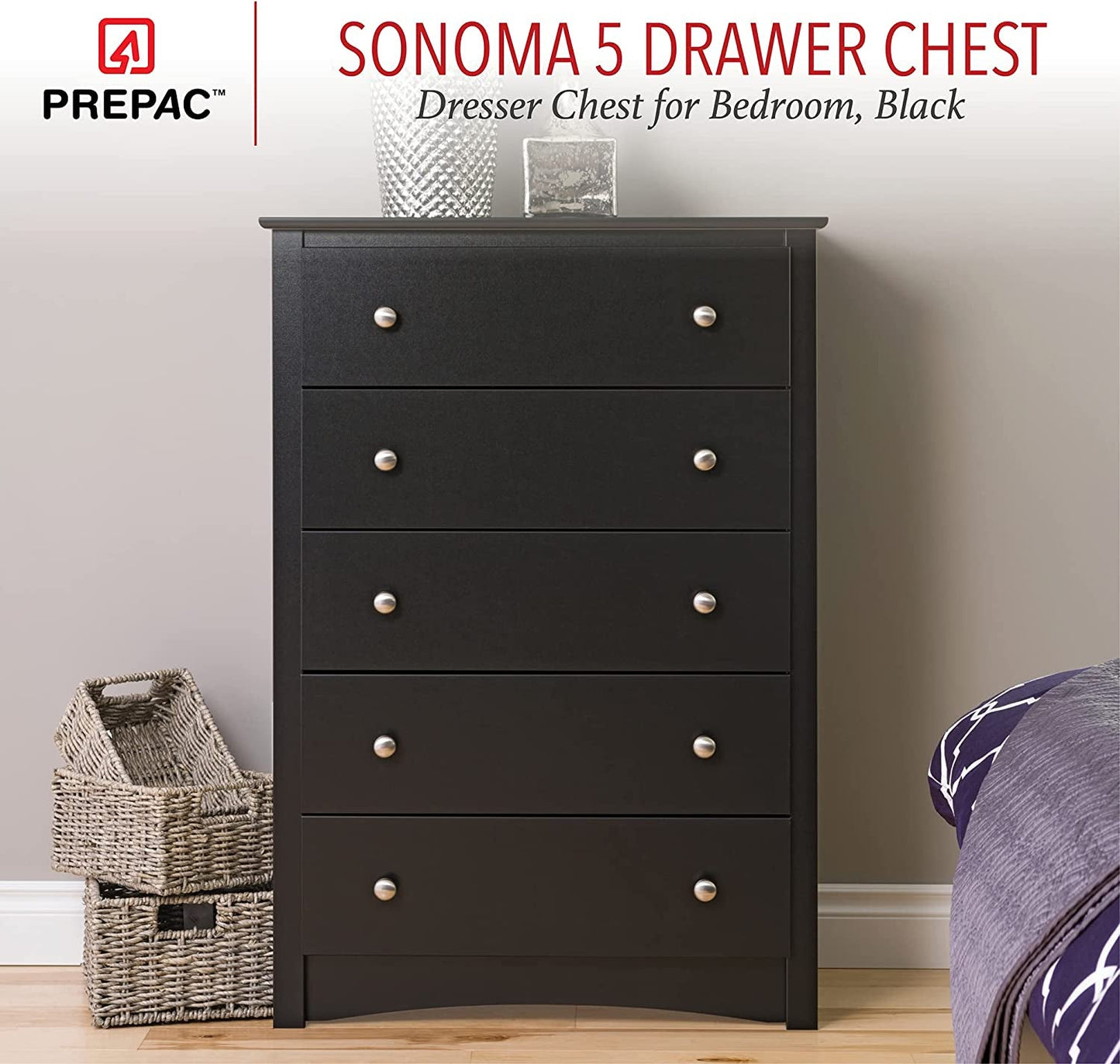 Sonoma Modern 5 Drawer Black Dresser Chest For Bedroom