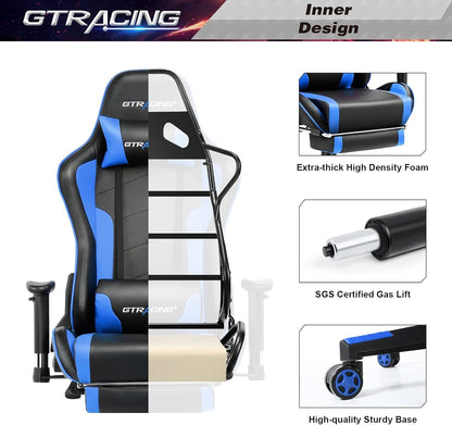 Blue Bluetooth Gaming Chair With Footrest And Speakers