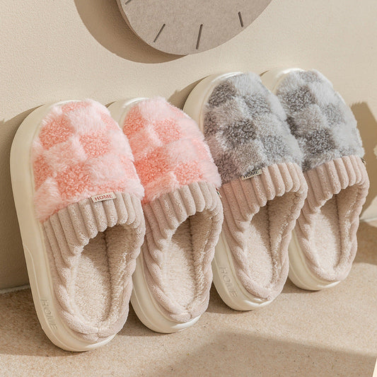 Plaid Plush Slippers Women's Indoor Plush Home Slippers Soft Sole