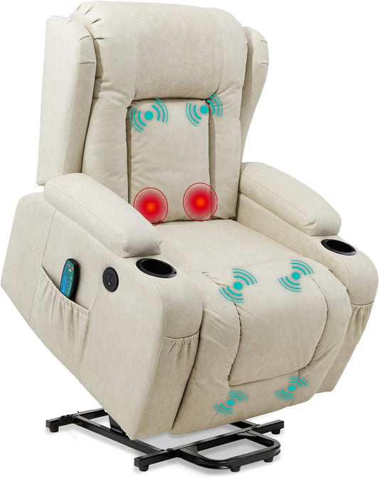 Beige PU Leather Power Lift Recliner With Massage And Heat