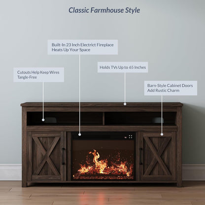 65 Inch Electric Fireplace TV Stand Modern Farmhouse Design