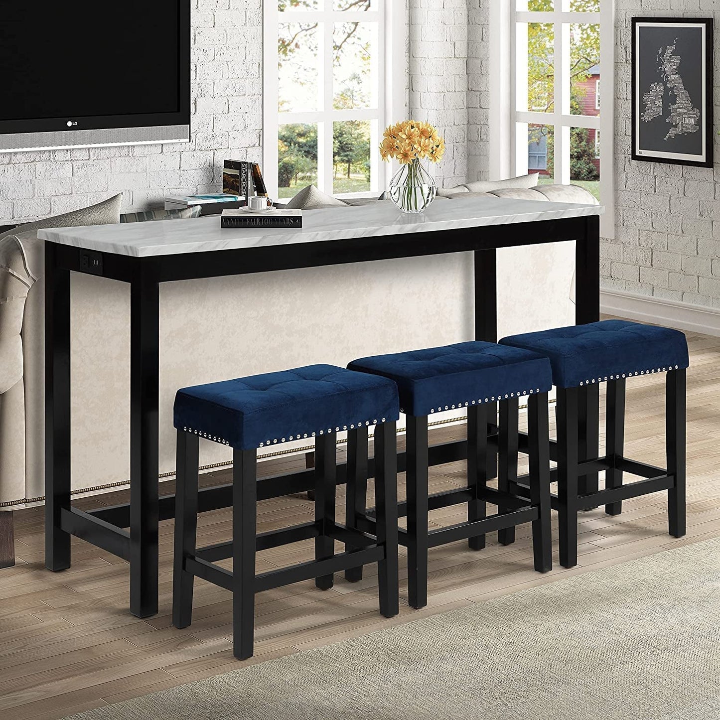 Blue Velvet Bar Table Set With 3 Stools Faux Marble Top