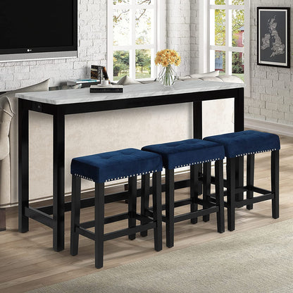 Blue Velvet Bar Table Set With 3 Stools Faux Marble Top