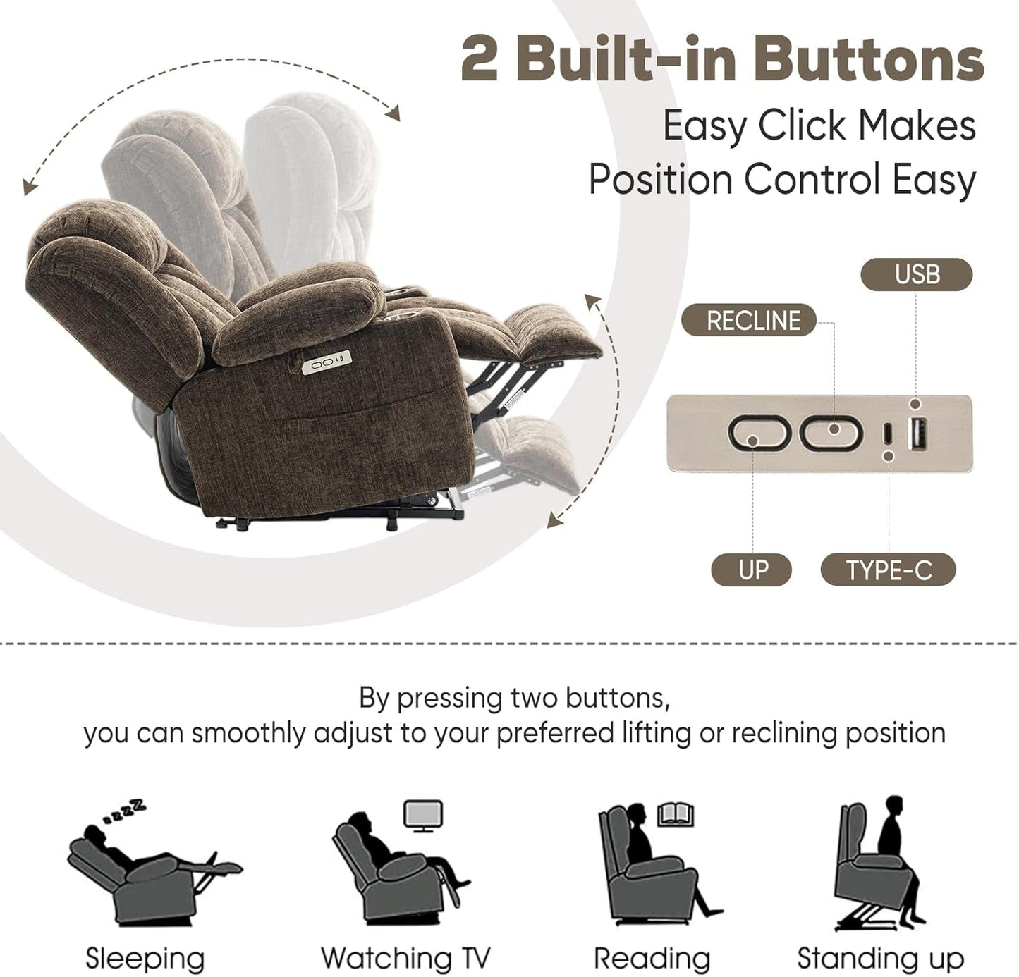 Brown Power Recliner With Massage And Heat Power Lift