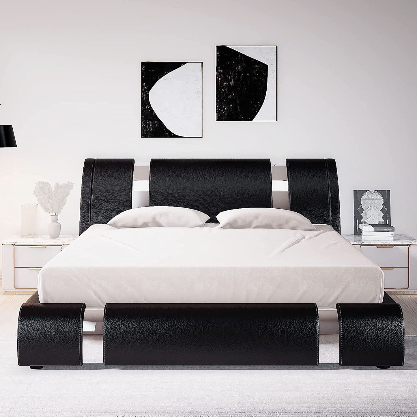 Black King Faux Leather Platform Bed Adjustable Headboard
