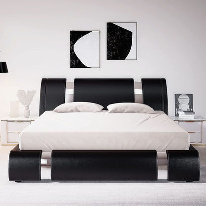 Black King Faux Leather Platform Bed Adjustable Headboard