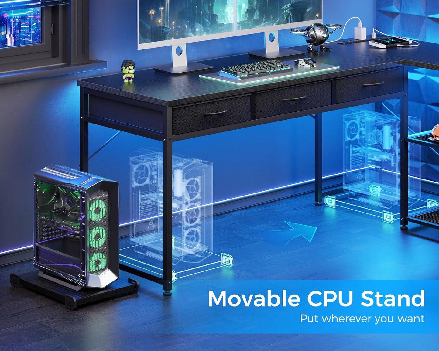 53-Inch L-Shaped Desk With Drawers And Power Outlets