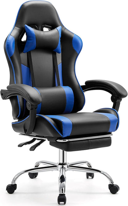 Blue Ergonomic Gaming Desk Chair With Footrest And Lumbar Support