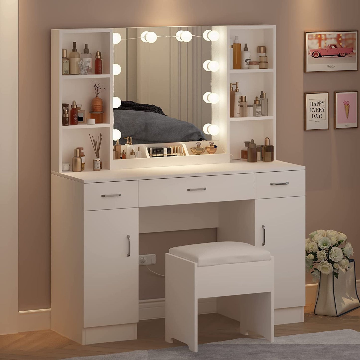 White Vanity Table With Drawers And Cabinets Six Shelves