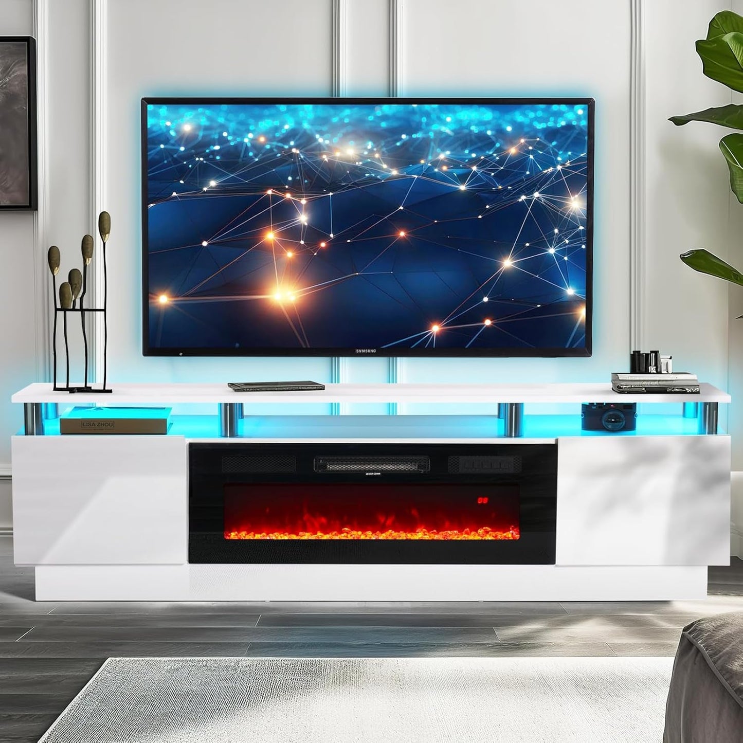 80 Inch White Electric Fireplace TV Stand With LED Lights