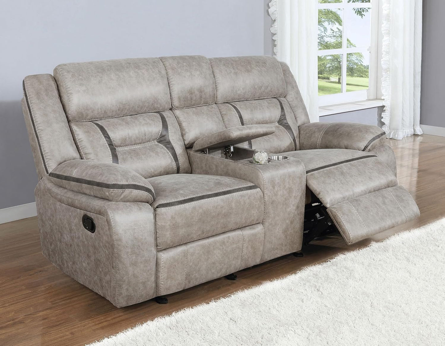 Taupe Recliner Loveseat With Center Console Manual Recline