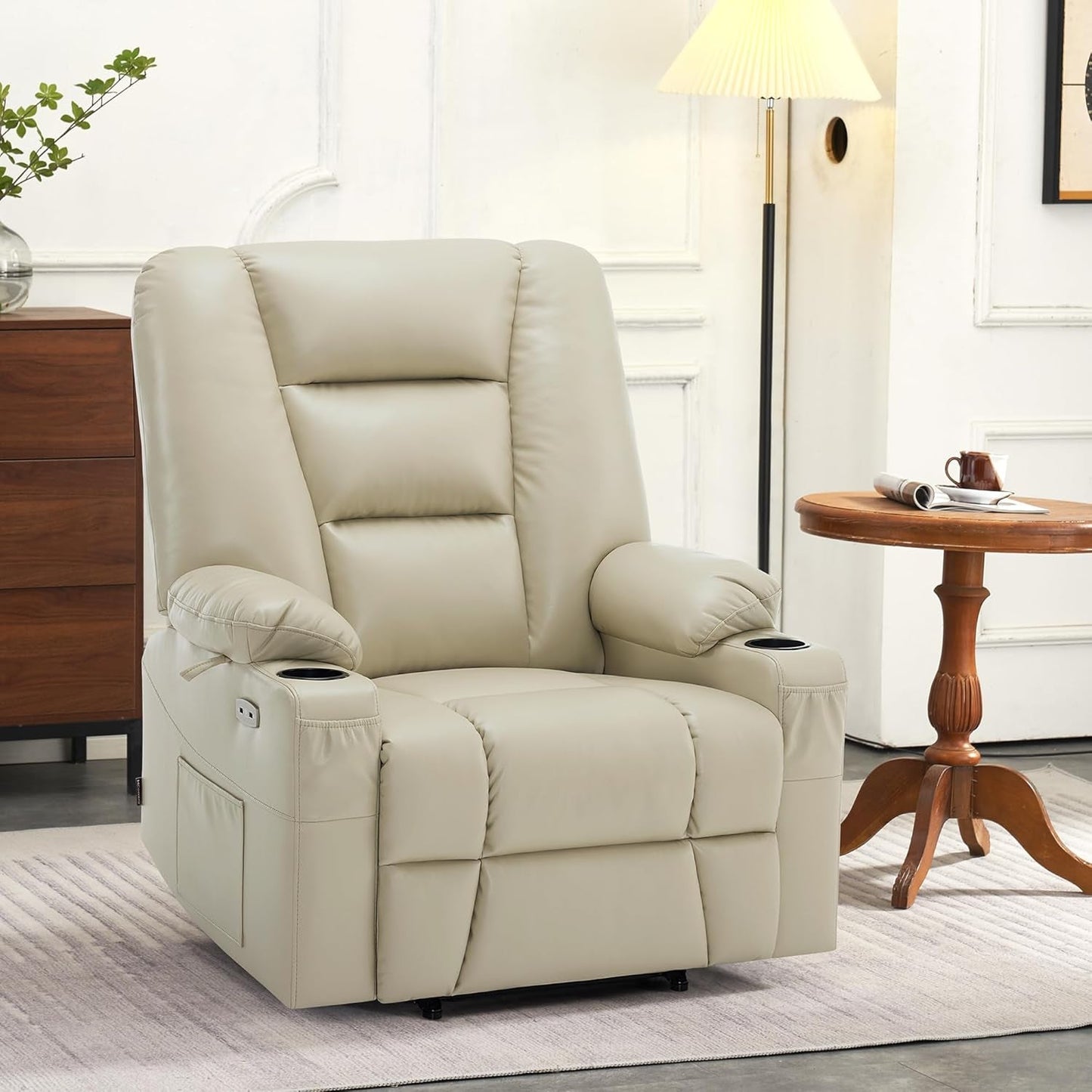 Beige Large Power Lift Recliner Chair With Massage And Heat