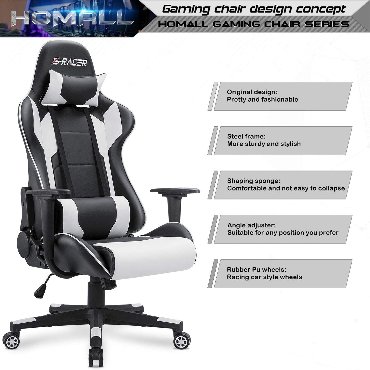 White Leather Ergonomic Gaming Chair With Lumbar Support