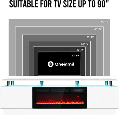 80 Inch White Electric Fireplace TV Stand With LED Lights
