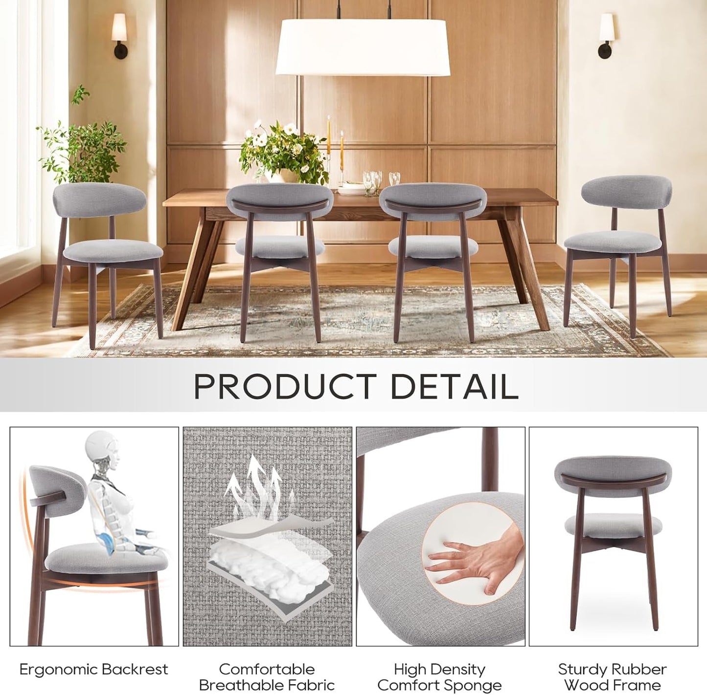 Wooden Dining Chairs Set Of 6 With Light Grey Upholstery