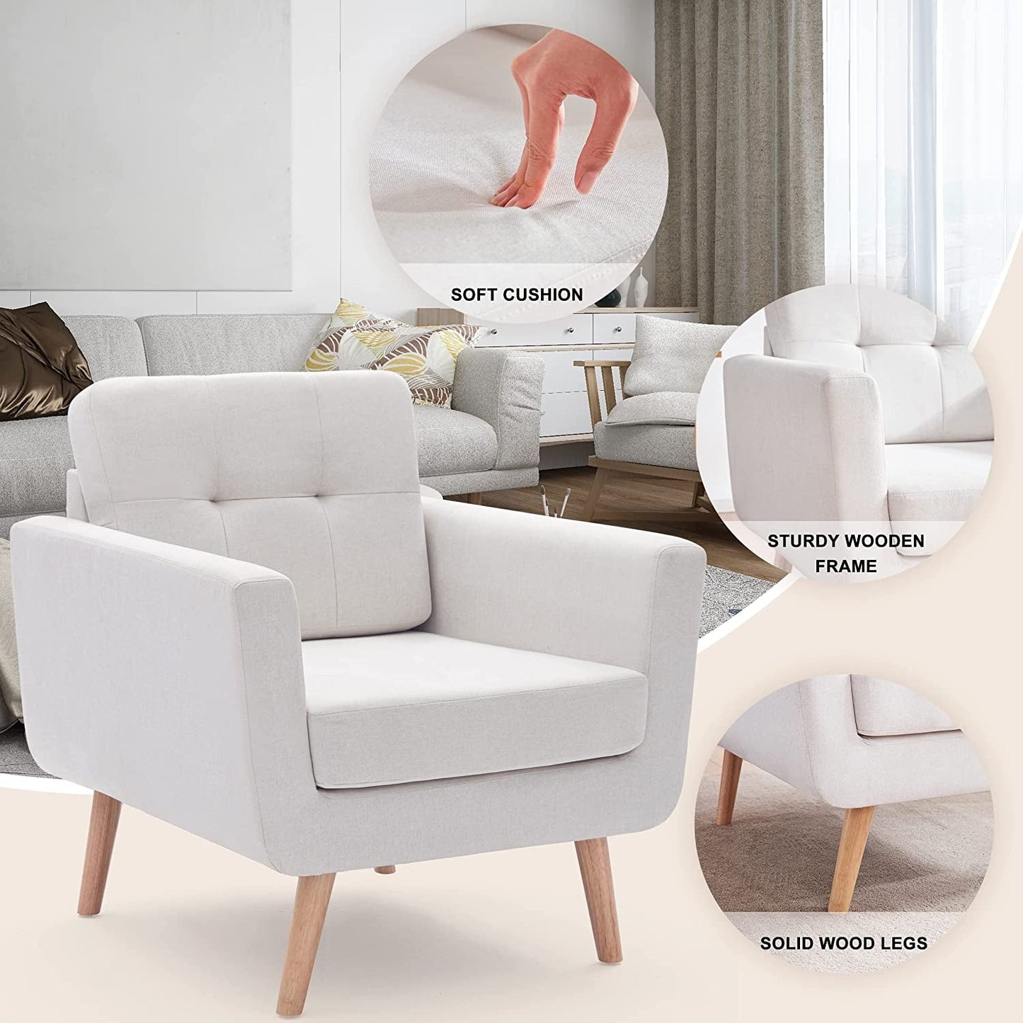 Beige Mid Century Accent Chair With Tufted Upholstery