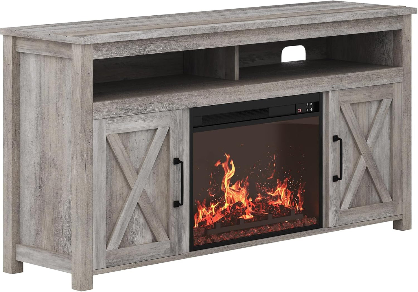 Barn Door Electric Fireplace TV Stand For 65 Inch TVs Gray