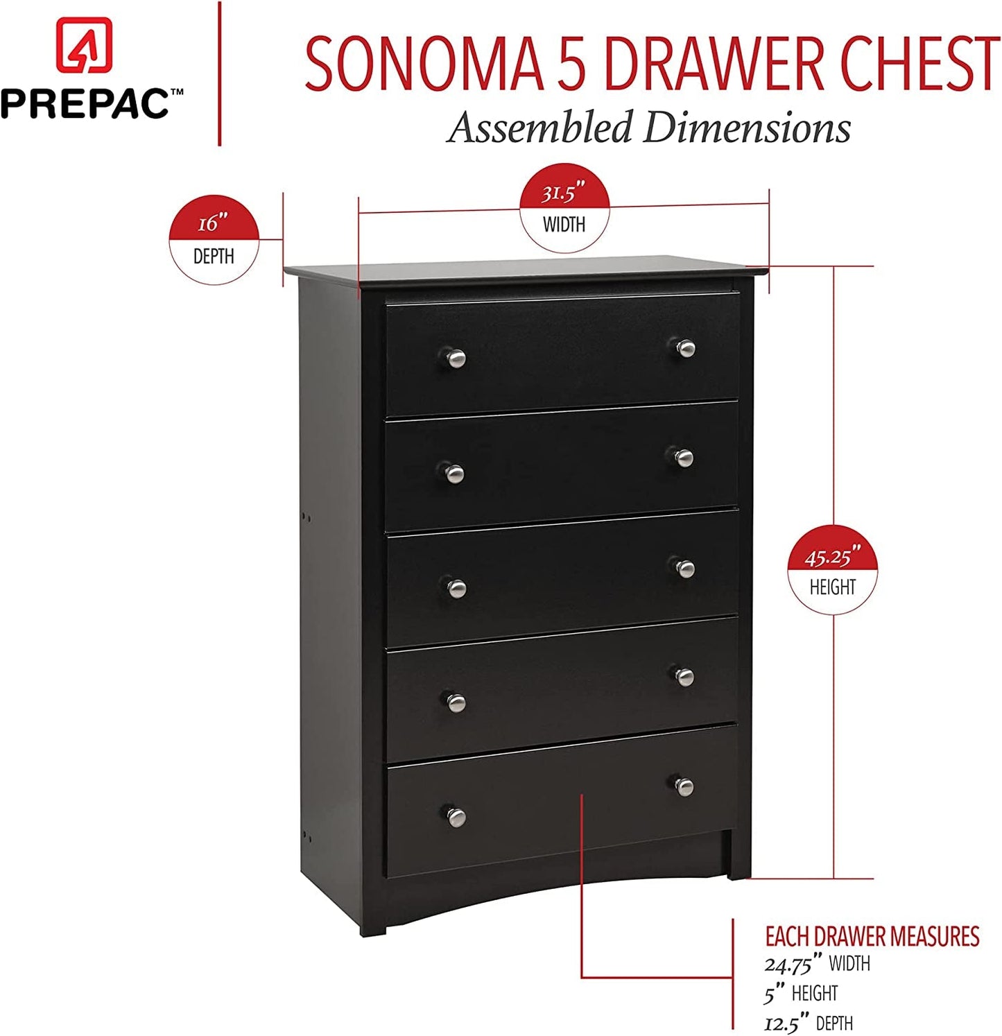 Sonoma Modern 5 Drawer Black Dresser Chest For Bedroom