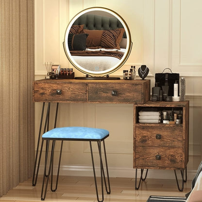 Vanity Desk Set With Drawers And LED Lighted Mirror