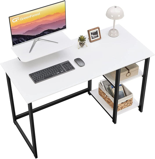 Small White Computer Desk With Monitor Stand And Storage