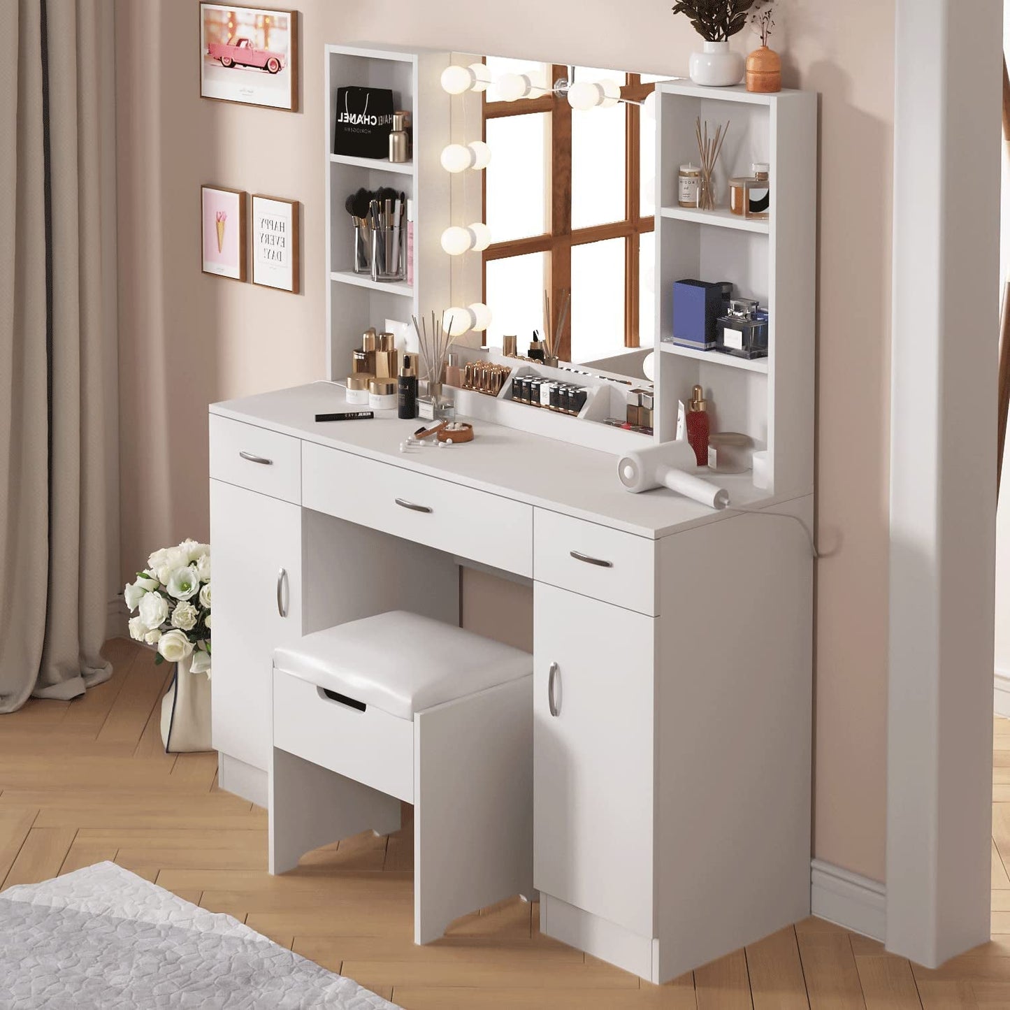 White Vanity Table With Drawers And Cabinets Six Shelves