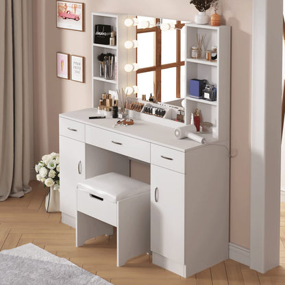 White Vanity Table With Drawers And Cabinets Six Shelves