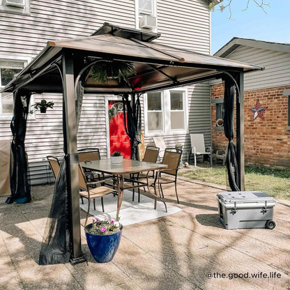 10x12 Brown Hardtop Gazebo With Steel Frame And Netting For Outdoor
