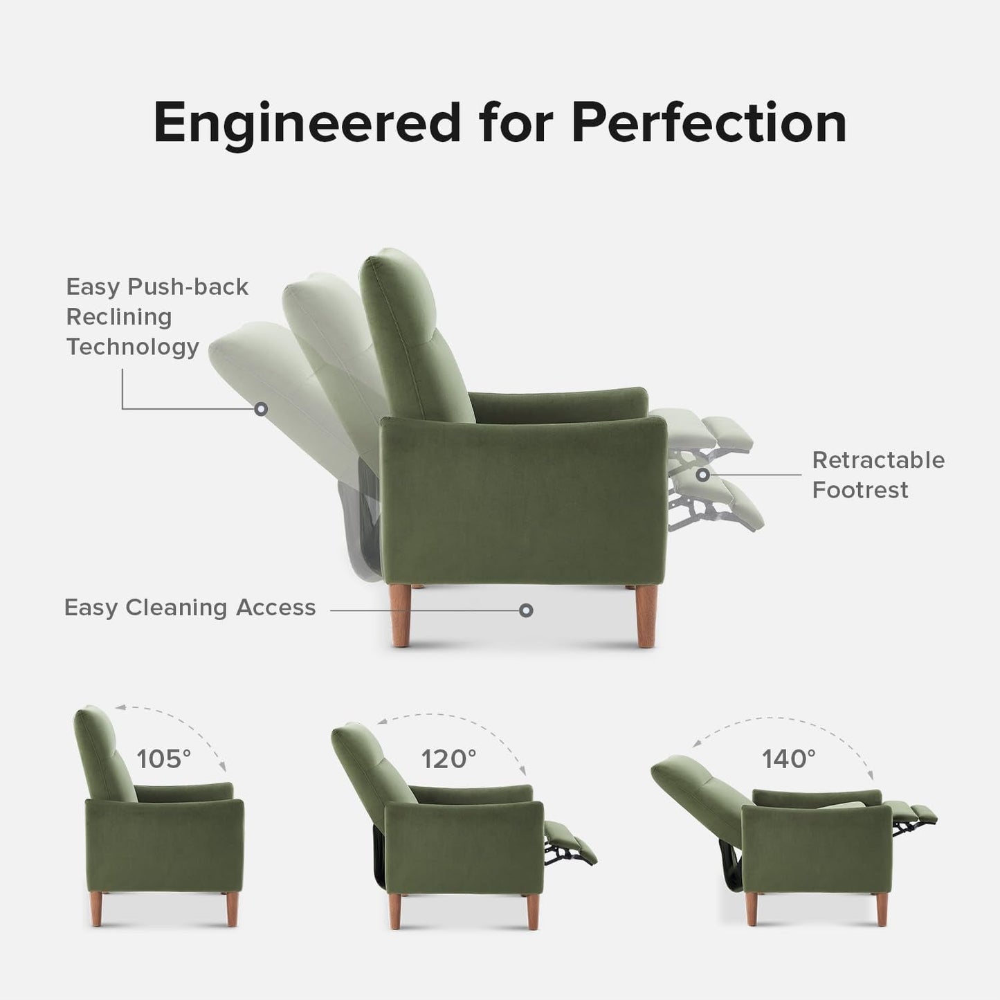 Arthur Olive Green Velvet Recliner Chair With 3 Positions