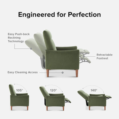 Arthur Olive Green Velvet Recliner Chair With 3 Positions