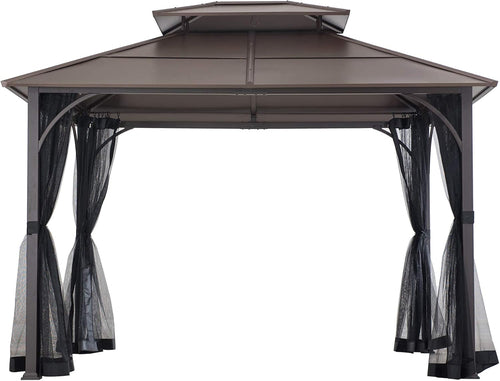 10x12 Brown Hardtop Gazebo With Steel Frame And Netting For Outdoor