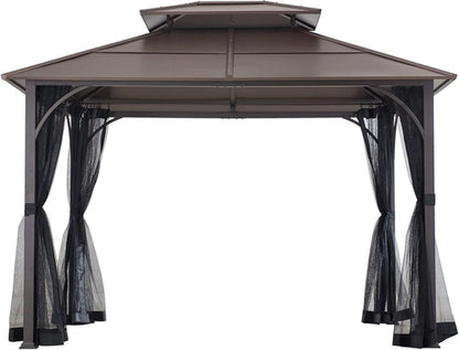 10x12 Brown Hardtop Gazebo With Steel Frame And Netting For Outdoor