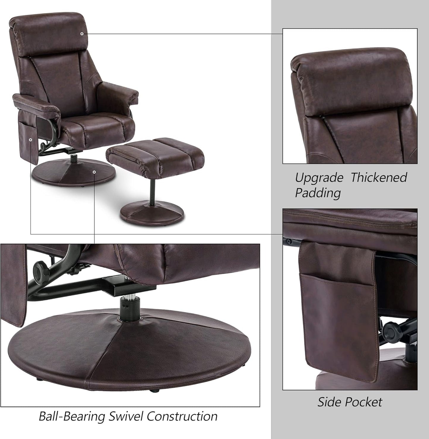 Swivel Recliner With Ottoman Massage Dark Brown Chair