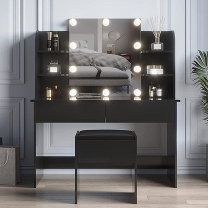 Black Vanity Set With 10 Lights For Bedroom Storage