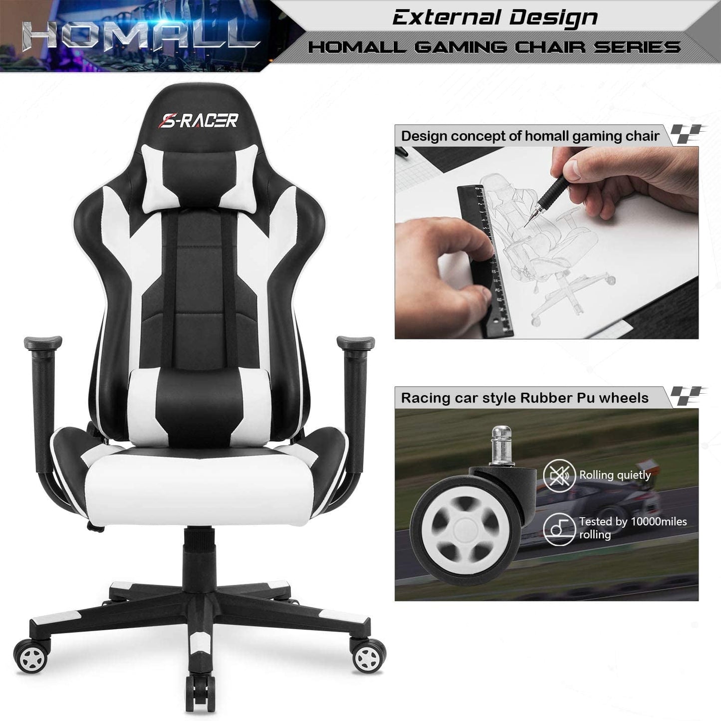 White Leather Ergonomic Gaming Chair With Lumbar Support