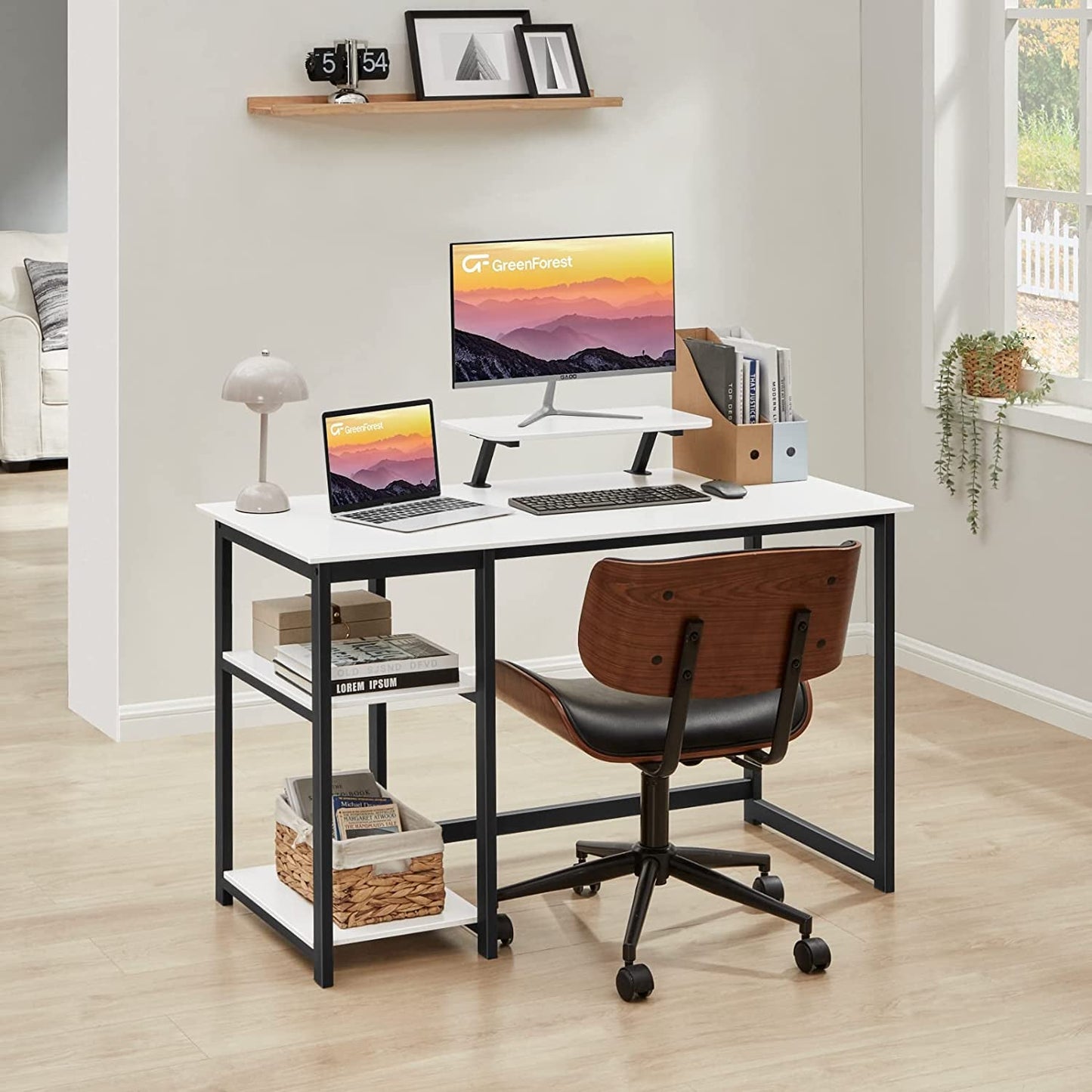 Small White Computer Desk With Monitor Stand And Storage