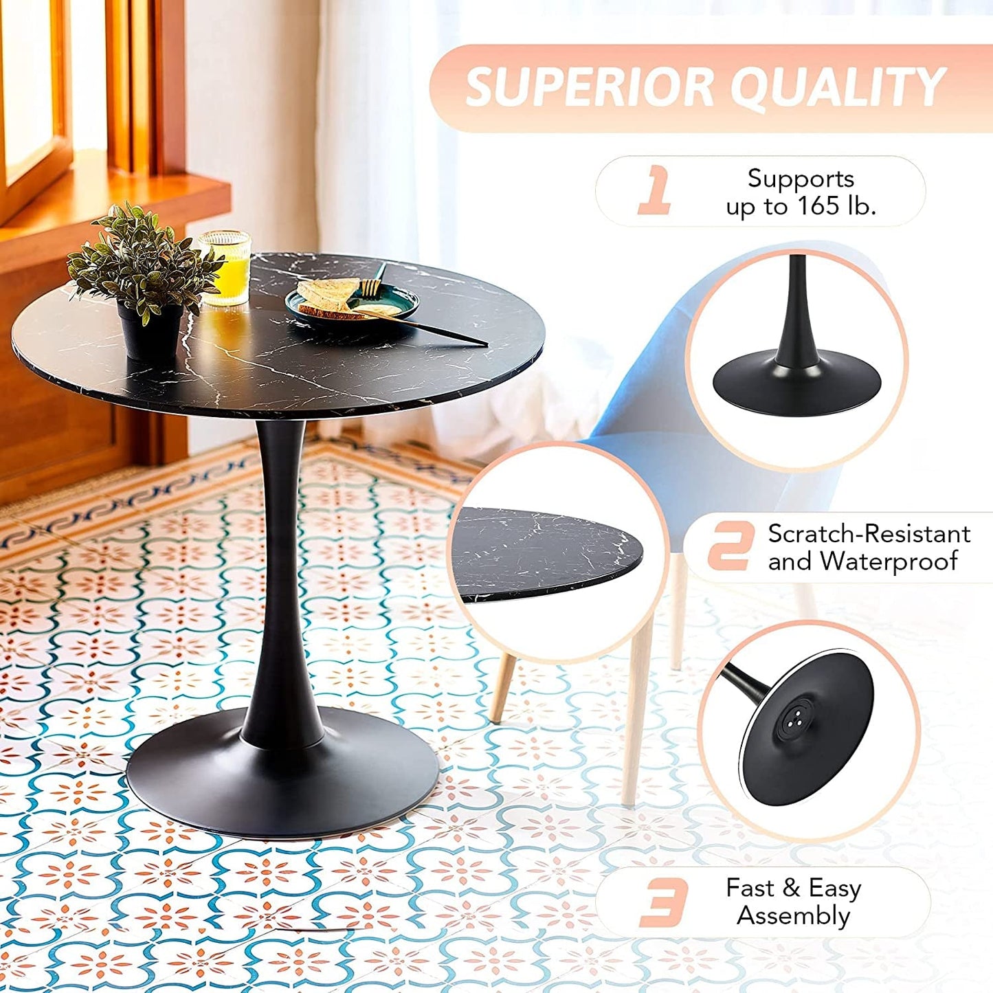 32 Inch Round Dining Table With Faux Marble Top Modern