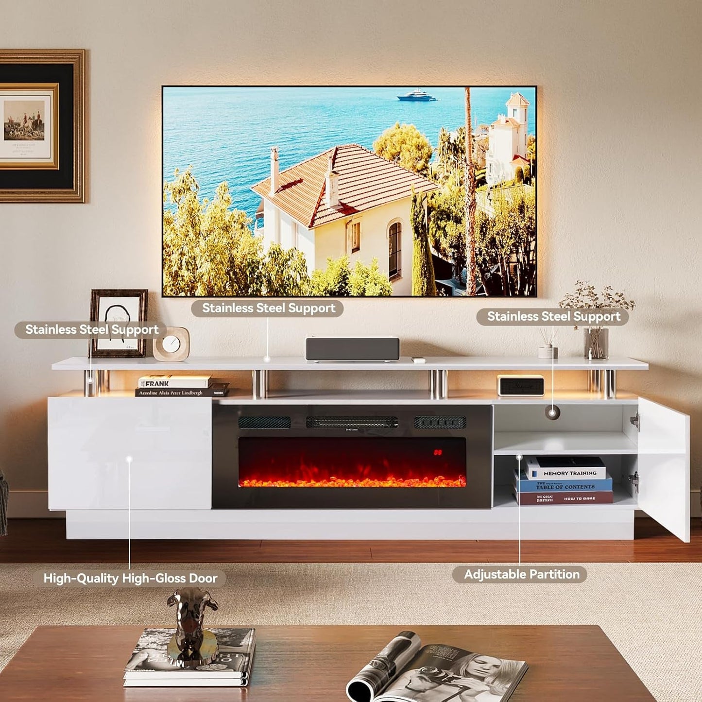 80 Inch White Electric Fireplace TV Stand With LED Lights